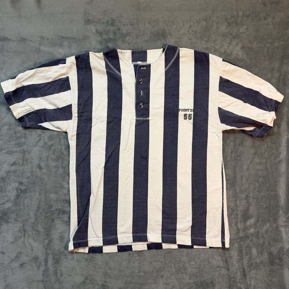 Point Zero Vintage 90s Striped Henley Shirt Blue White 55